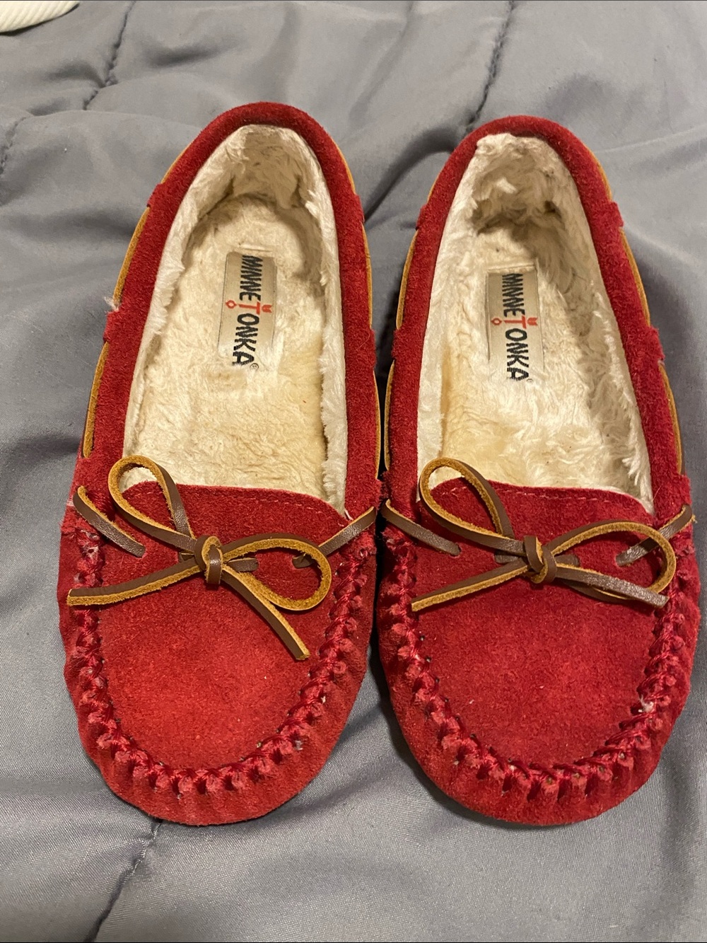 Minnetonka Red Suede Moccasin Slippers with Brown Bow